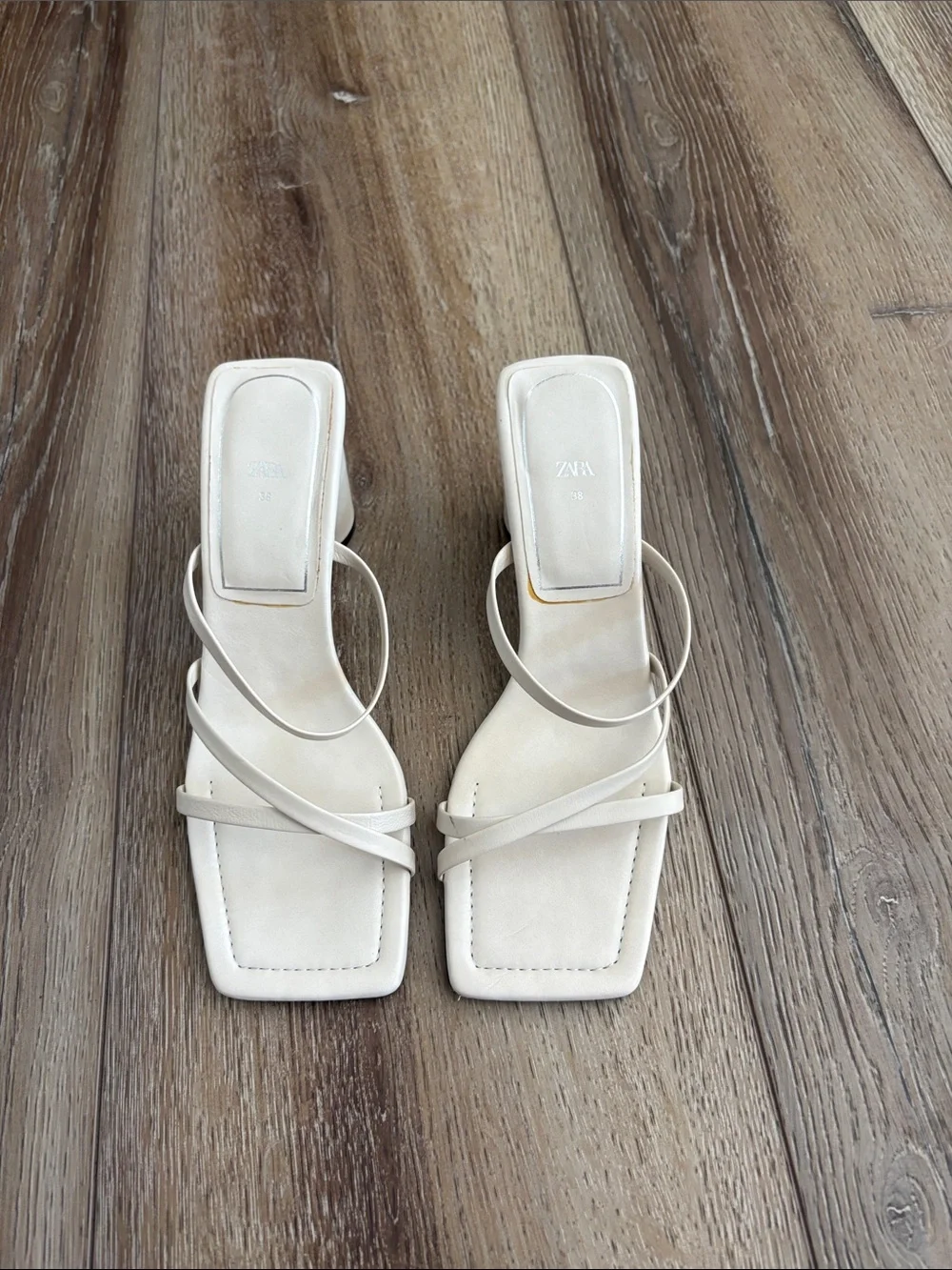 Zara Cream Strappy Square-Toe Heeled Sandals